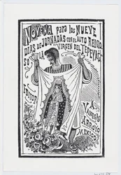 Een man houdt een stuk stof omhoog met een afbeelding van de Maagd, illustratie voor ..., ca. 1880-1910