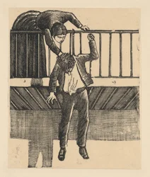 Een vrouw ontdekt een man die zelfmoord heeft gepleegd door zich aan een balk op te hangen, ca. 1900-1910