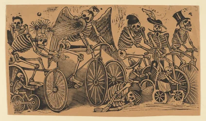 Skeletten calaveras op fietsen, ca. 1900
