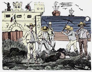 De Mexicaanse Revolutie (1910-1920): Groepen gevangenen aan dwangarbeid - Houtsnede door Jose Guadalupe Posada (1852-1913)