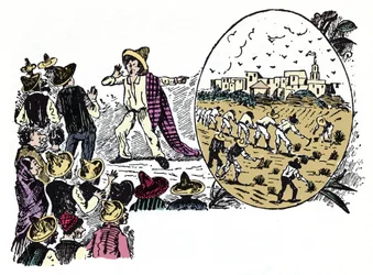 De Mexicaanse Revolutie (1910-1920): verhaal van hard werken door een van de arbeiders in de Valle Nacional, circa 1908 - Houtsnede door Jose Guadalupe Posada (1852-1913)
