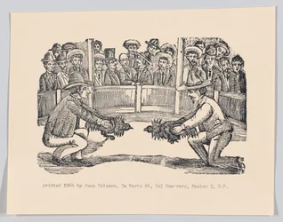 Twee mannen in een arena met hanen ter voorbereiding op een gevecht, ca. 1890-1910 herdrukt 1964
