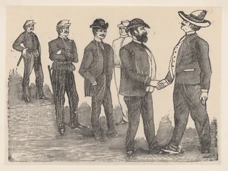 Twee mannen die elkaar de hand schudden op de voorgrond en officieren die hen bekijken op de achtergrond