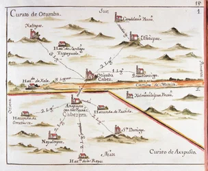Plan van het aartsbisdom Mexico. Parochie van Otumba en parochie van Axapulco. 1767. Gravure door Jose Antonio Alzate