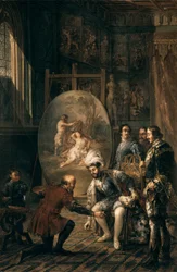 Keizer Karel V raapt de penseel op van schilder Tiziano Vecellio, schilder aan het hof van de keizer