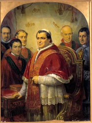 Portret van paus Pius IX (1792-1878) omringd door zijn kardinalen