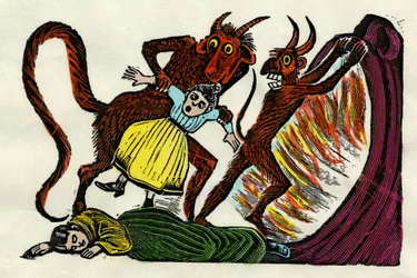 José Guadalupe Posada (1852 - 1913). Josephina Lora wordt door een duivel de hel in gesleurd. Xylografische aquarel, Mexico-stad