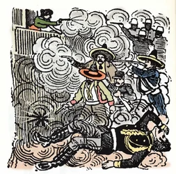 De Mexicaanse Revolutie (1910-1920): aanval op het huis van Aquiles Serdan. Houtsnede door Jose Guadalupe Posada
