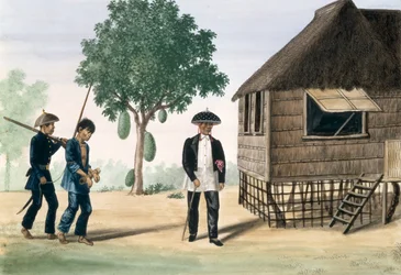 Een gevangene geleid door een politieagent en een raadslid, uit "The Flebus Album of Views In and Around Manila", c.1845