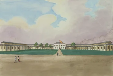 De nieuwe sigarenfabriek in Meisic, uit Het Flebus Album van Zichten In en Rond Manilla, ca. 1845