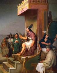 De keizer op de troon, (detail) van Ontdekking van pulque, Meso-Amerikaanse alcoholische drank, olieverf op doek door Jose Maria Obregon (1832-1902)