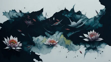 inkt schilderij: Waterlelie zwart 01