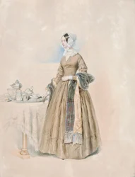 Portret van Prinses Leopoldine Karoline Palffy, geboren Gravin Kaunitz-Rietberg (echtgenote van de derde Prins Anton Karl Palffy), staand aan een gedekte theetafel