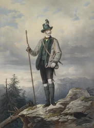 Josef Kriehuber Keizer Frans Jozef I in Ischl jachtkostuum rond 1855