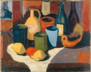 Stilleven met kannen en fruit