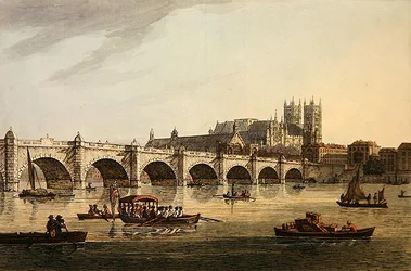 Uitzicht op Westminster Bridge, Abbey en Hall, gegraveerd door J.C. Stadler