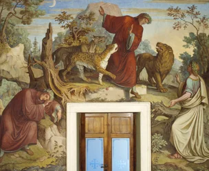 Dante slapend, aangevallen door wilde dieren en Virgilius ontmoetend