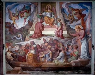 De boot van zielen en de ingang van Dante en Virgil in de berg van het Vagevuur - Fresco