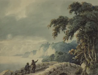 Landschap met bomen, brug en figuren