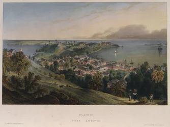 Port Antonio, Jamaica. Lithografie door Joseph Bartholomew Kidd