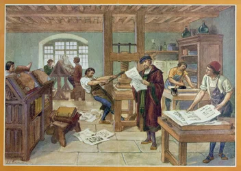 De uitvinding door Gutenberg van de boekdrukkunst met losse letters, illustratie uit 