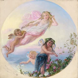 Een sylph en haar feeënbegeleiders besprenkelen de vroege ochtenddauw