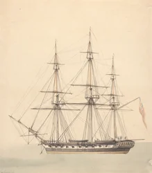 Enkele korvet (?) met drie figuren in marine-uniformen en Union Jack