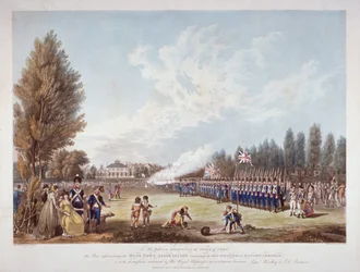 De Hans-Town Association oefent op hun terrein in Knightsbridge, Londen, 1799