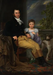 Portret van een prominente heer met zijn dochter en een jachthond