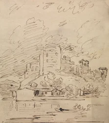 Kasteel met een Ronde Toren Boven een Rivier