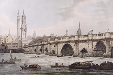Uitzicht op London Bridge, inclusief de kerk van St. Magus en het Monument, gegraveerd door J.C. Stadler