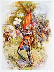 Eduard de Zwarte Prins bij de Slag bij Crécy in 1346, illustratie uit ‘Stories of Royal Children from English History’, door Doris Ashley, uitgegeven door Raphael Tuck, 1920