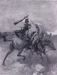 Slaat een van hen van zijn paard (litho)