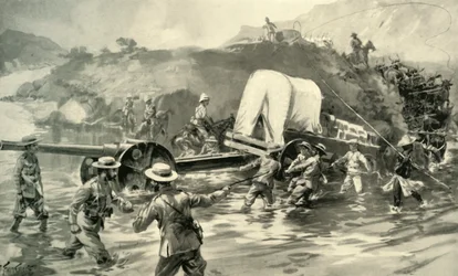 Het 4.7 Marinekanon over de Tugela brengen, 1900