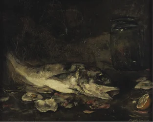 Stilleven met vis en sinaasappels