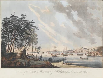 Een uitzicht op de stad en haven van Halifax vanaf Dartmouth Shore
