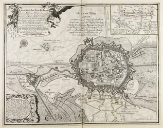 Schets van de stad Douay met het fort aan de Escarpe, ongeveer 800 roeden ervan verwijderd, ligt in het graafschap Vlaanderen, 7 mijl van Rissel, 6 van Dornik en 6 van Camerich, heeft een middelmatig baljuwschap en is bezaaid met vele mooie kerken, cl