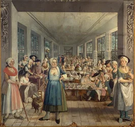 Knijpwerkplaats. Borstelen is het aanbrengen van indigoblauw op doek. In de werkplaats kijken twee opzichters, met een stok in de hand, naar een arbeidster die zojuist haar pot met blauw heeft gevuld. Op de achtergrond praten twee mannen, op de