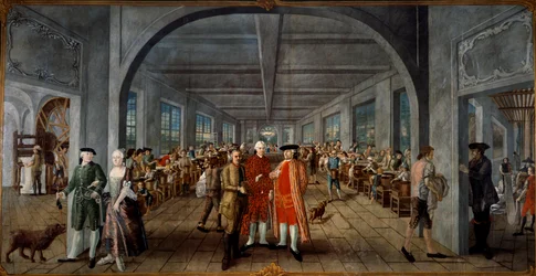 Wetter Brothers Indian Fabric Factory. Links, de heer en mevrouw Jean Rodolphe (Jean-Rodolphe) Wetter rijkelijk gekleed. In het midden presenteert een arbeider een drukplaat aan de fabrieksmanager, Pierre Pignet, achter hen de arbeiders aan het werk.