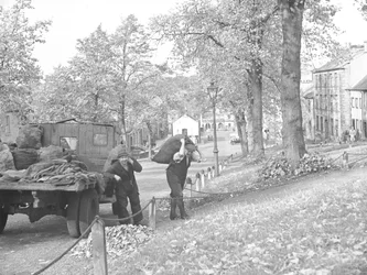 Vrachtwagen op straat met twee kolenmannen die zakken kolen dragen