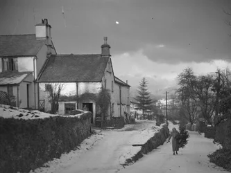 Vrouw draagt tak op de weg naast Borwick Fold Farm in Hawkshead in de sneeuw