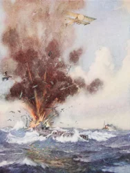 Squadron-Commandant A.W. Bigsworth valt een Duitse onderzeeër aan met bommen, die volloopt met water en zinkt bij Oostende