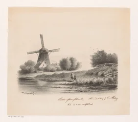Landschap met molen en twee vissers