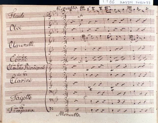 Eerste pagina van bladmuziek van menuet in Symfonie 66 in Bes majeur door J Haydn