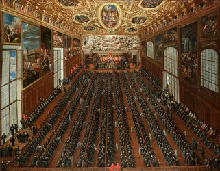 Het interieur van de Sala Maggior Consiglio, Dogenpaleis, Venetië, met de patriciërs die stemmen op een bulletin voor de verkiezing van nieuwe magistraten