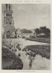 Het Bezoek van de Tsaar aan Parijs, het Keizerlijke Gezelschap verlaat de Kathedraal van Notre Dame