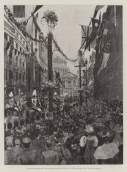 De Koninklijke Processie, de Koets van Hare Majesteit passeert Ludgate Hill naar de St Paul