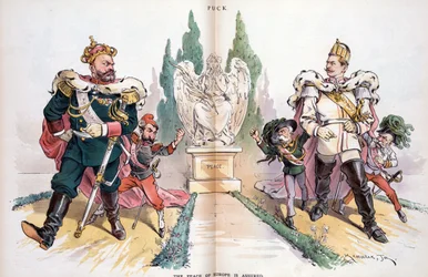 Alexander III, met het label "Rusland", kijkt naar Wilhelm II, met het label "Duitsland".