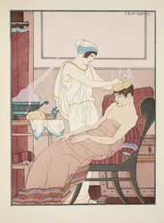 Een spons gedrenkt in heet water wordt op het hoofd aangebracht, illustratie uit 