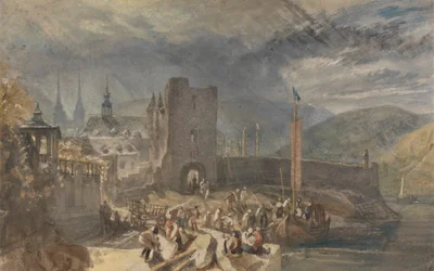 Een Zicht op Boppart, met Figuren aan de Rivieroever